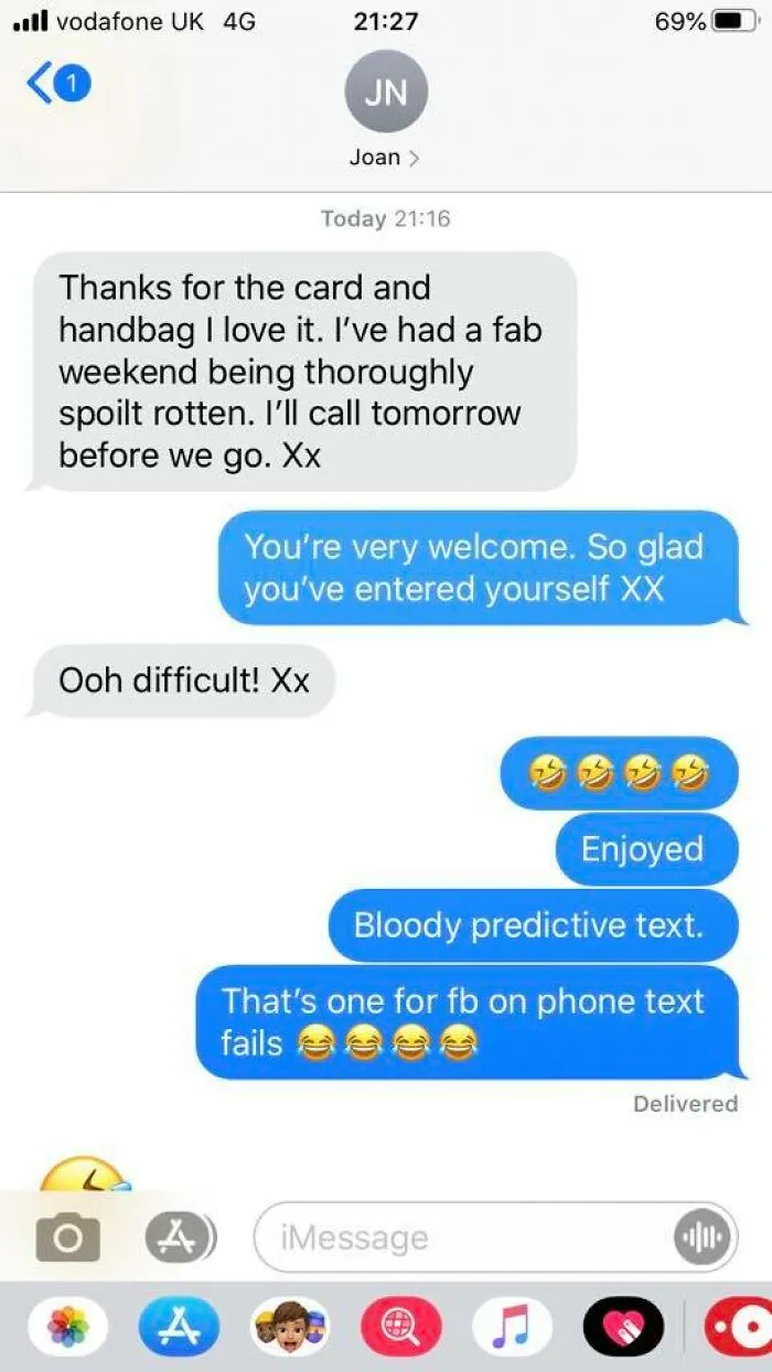 Text message conversation showing autocorrect mistakes with predictive text causing humorous phone text fails.