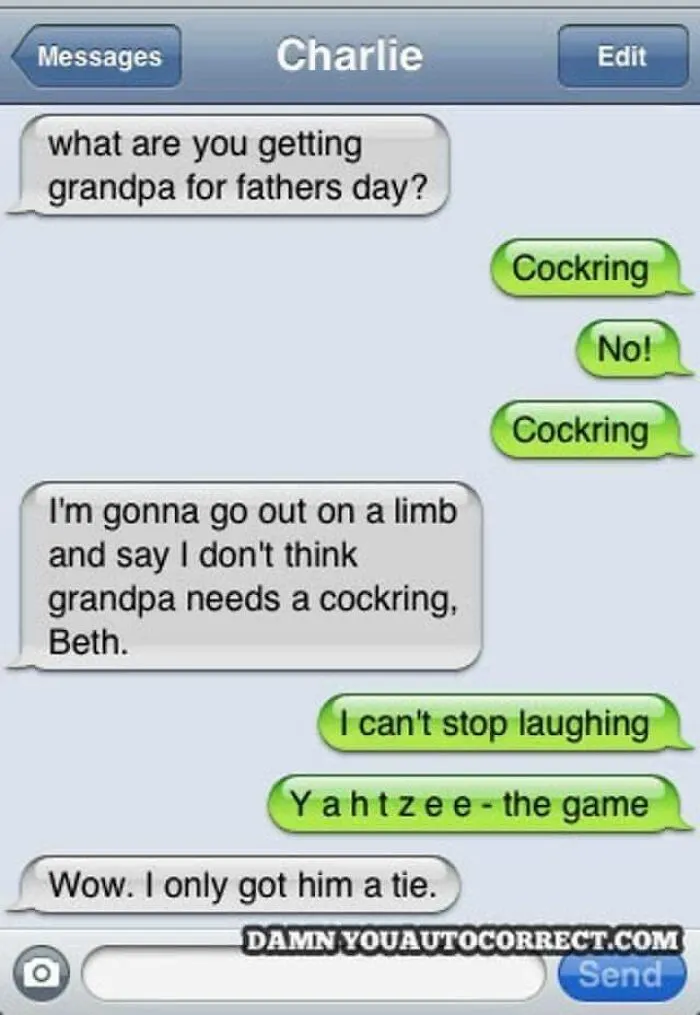Text message exchange showing autocorrect errors humorously altering a gift idea, illustrating autocorrect mishaps.