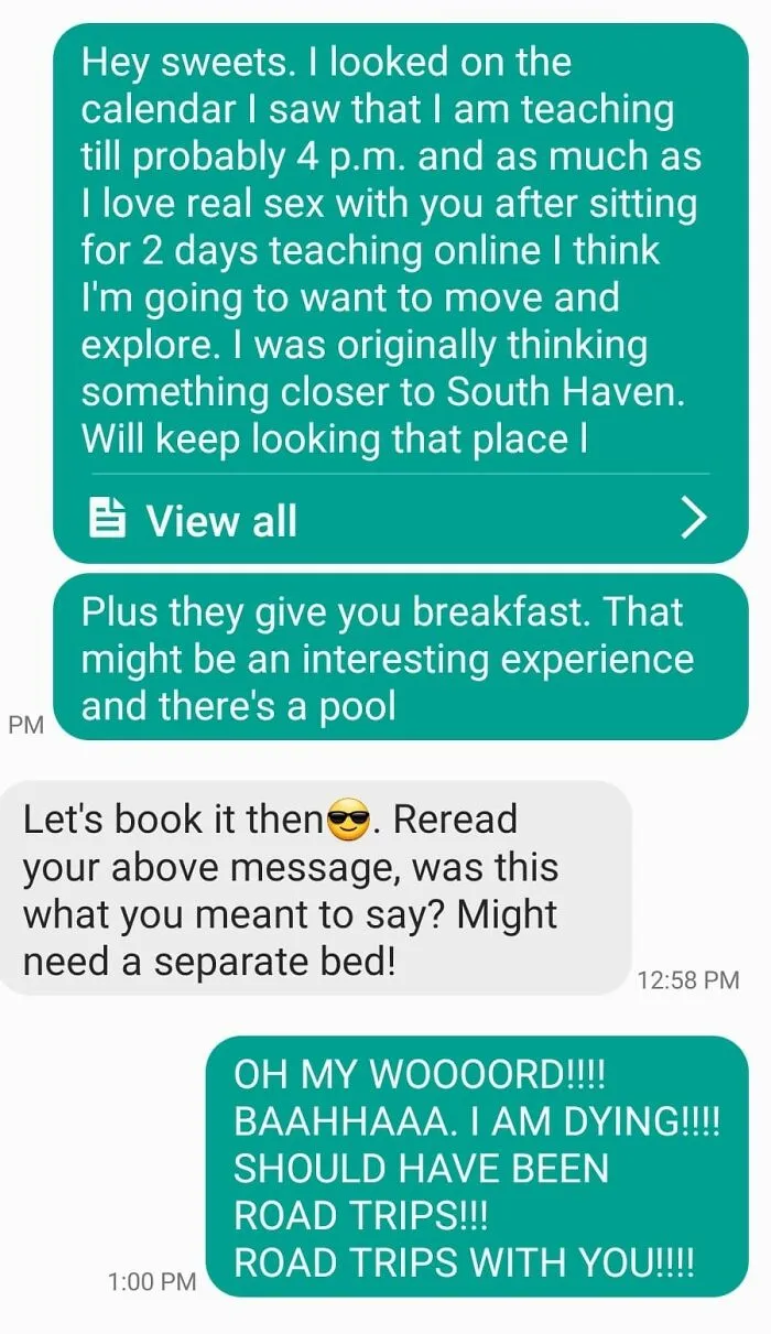 Text message exchange showing autocorrect error changing road trips to a humorous inappropriate phrase, highlighting autocorrect fails.