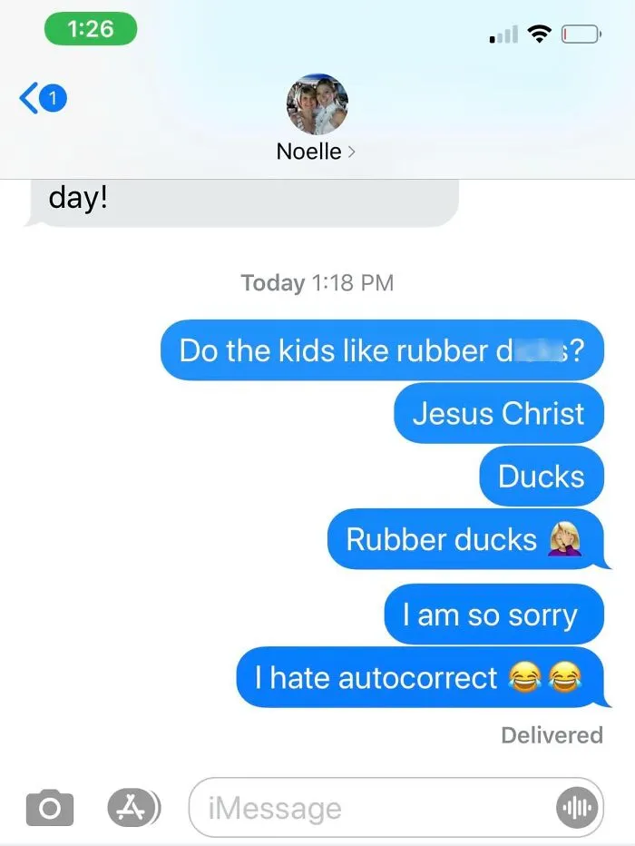 Text message showing autocorrect error changing ducks to a mistaken word, highlighting funny autocorrect fails.