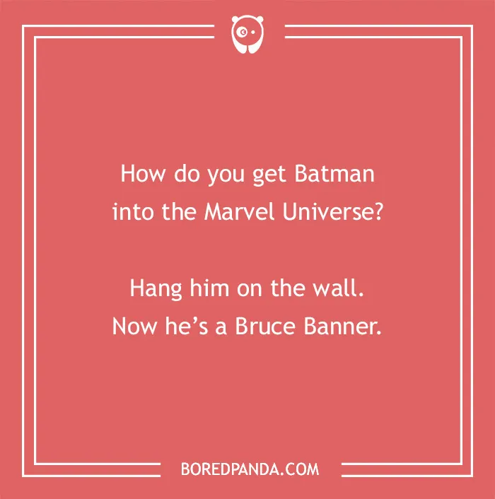 Batman joke with a play on words involving Bruce Banner, presented on a pink background.