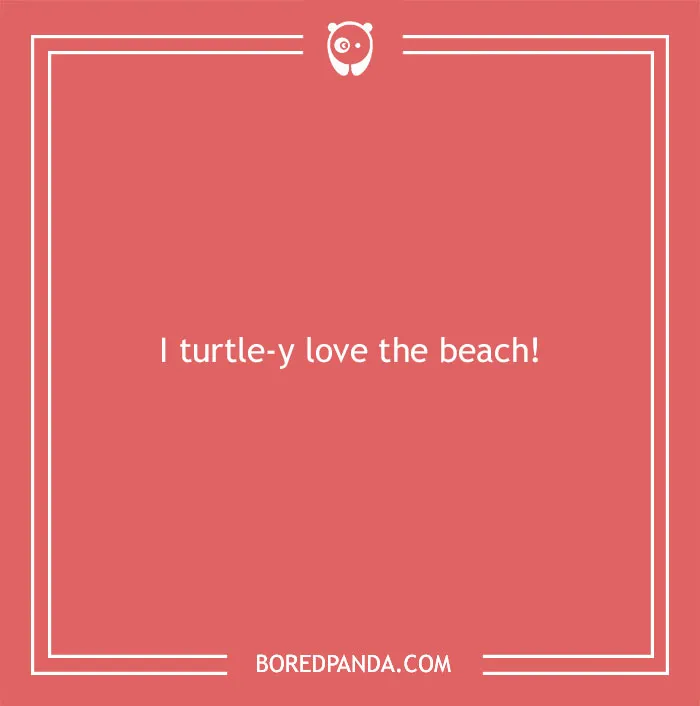 Beach pun on red background saying I turtle-y love the beach, featuring a playful word pun about the beach and turtles.