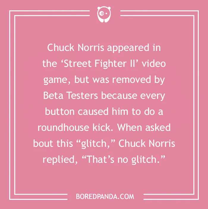 Chuck Norris joke about being removed from a video game for doing roundhouse kicks with every button press.