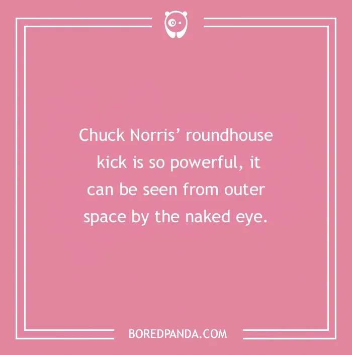 Pink background with a Chuck Norris joke about his powerful roundhouse kick visible from outer space.
