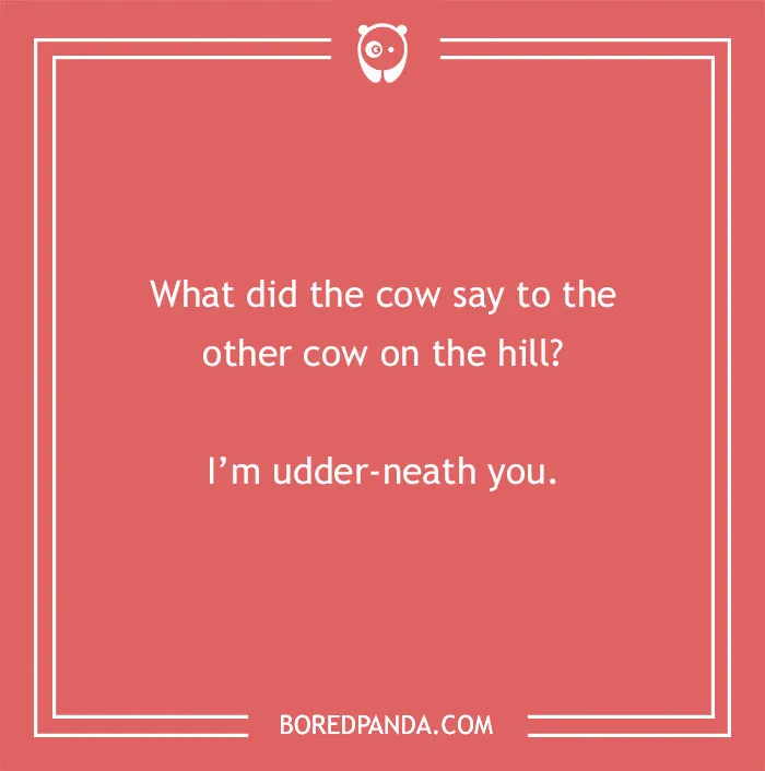 Cow pun asking what one cow said to another on the hill with a playful udder-neath you joke on a red background.