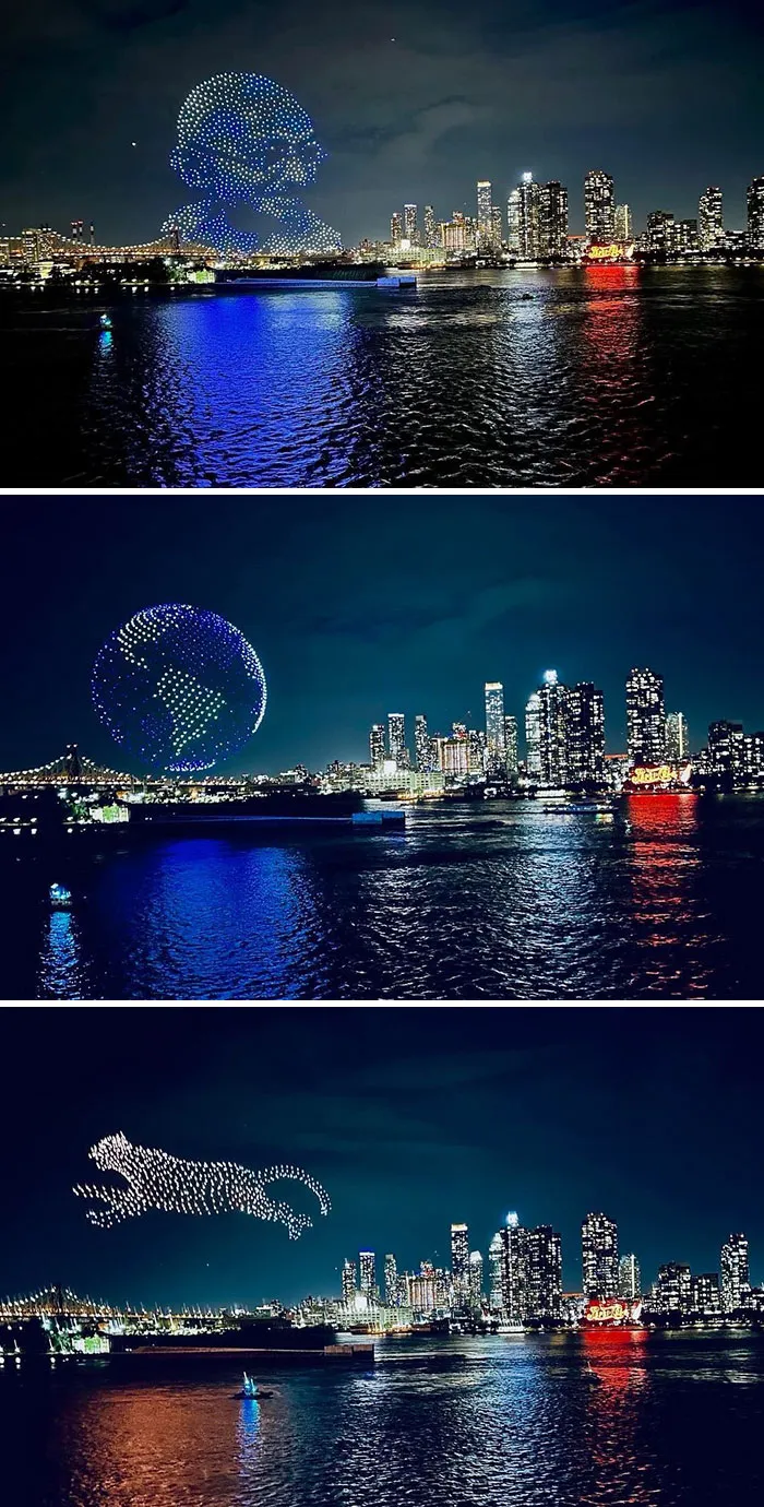 Projecting Change - New York Drone Show  Drone Show With 1000 Drones Above The Un Building In New York, Us