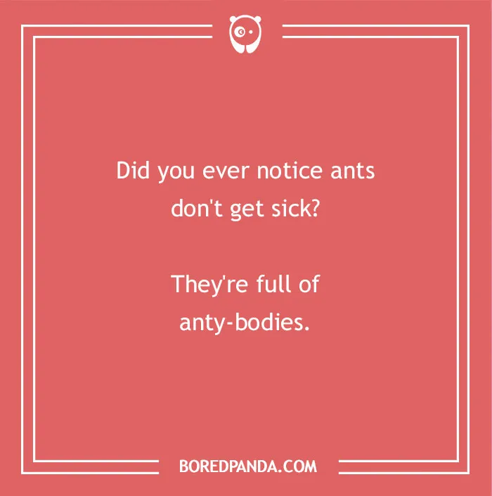 A funny dad joke for kids: Did you ever notice ants don't get sick? They're full of anty-bodies.