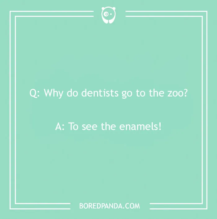 Dental joke on a green background with a pun about dentists going to the zoo to see enamels.