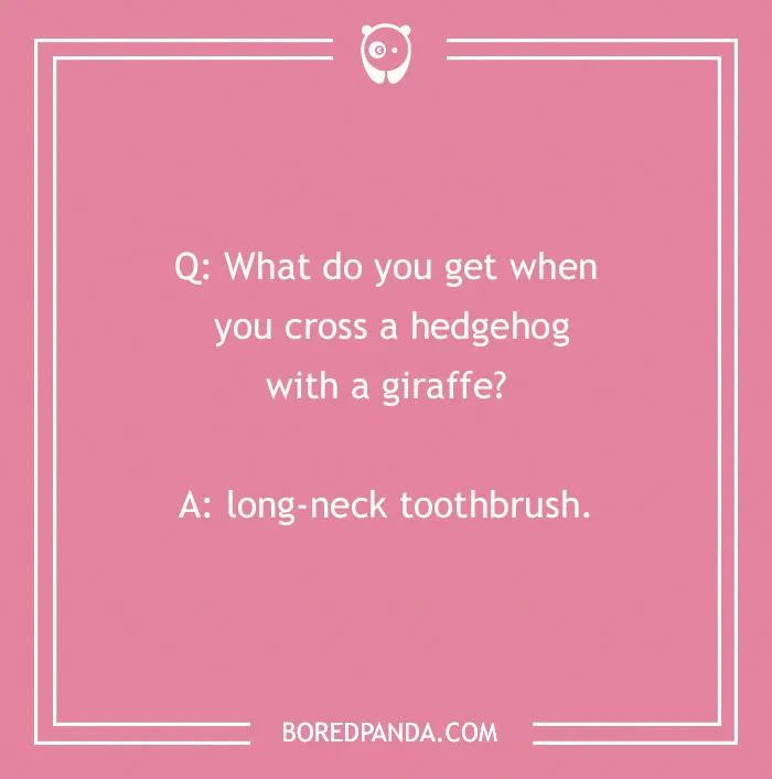 Dental joke on a pink background asking about crossing a hedgehog with a giraffe, answer is long-neck toothbrush.