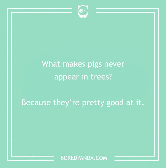 Light green background with a dry humor joke about pigs and trees, showcasing dry humor jokes content.