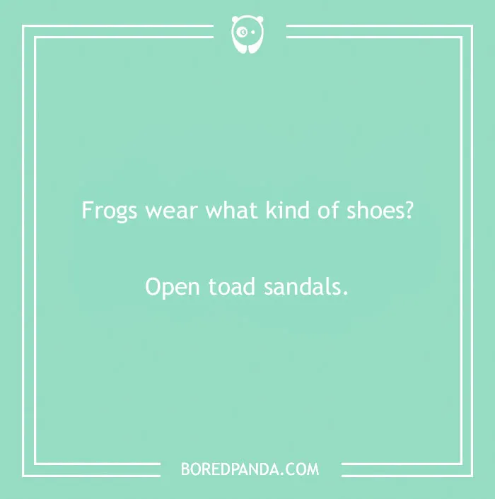 Dry humor joke about frogs wearing open toad sandals, showcasing simple and witty dry humor jokes.
