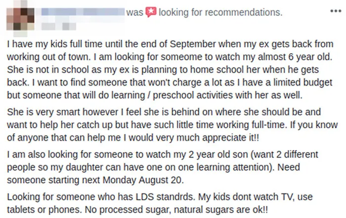 My Cousin, Asking For 2 Babysitters With Tutoring For Cheap/Free. Special Diet And Religious Requirements Too