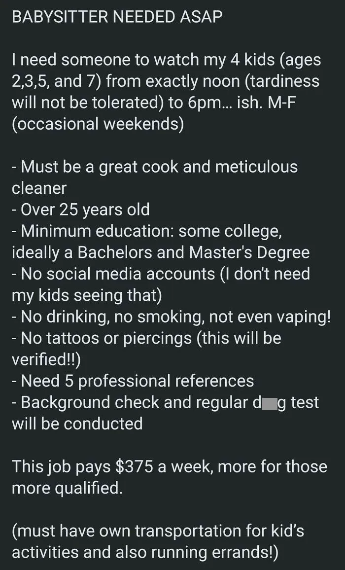 Babysit 4 Kids 30+ Hours A Week For $375
