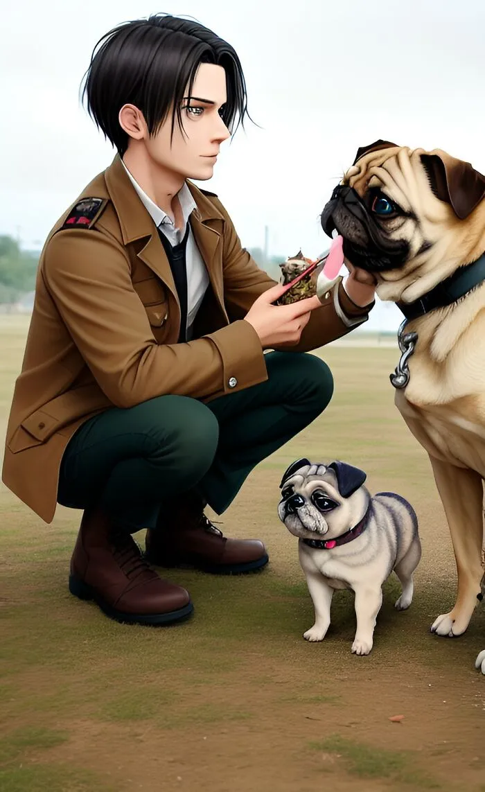 Levi Ackermann Walking A Pug (Ai Generated Picture)