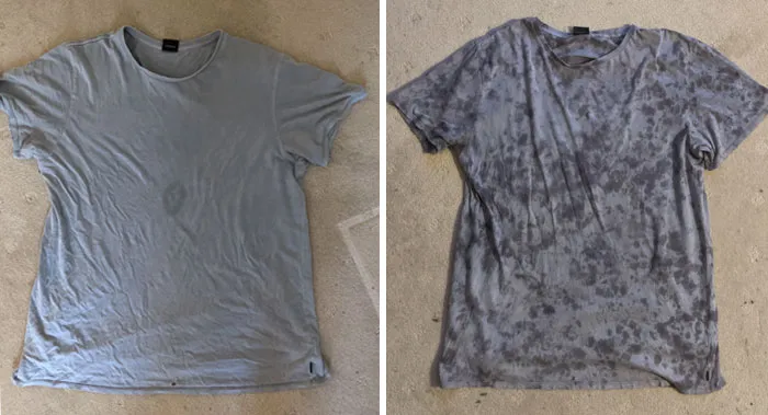 Couldn't Get Rid Of This Ugly Stain Right In The Middle Of The Shirt. Used Some Old Dye To Make A Cool Patchy Shirt Instead