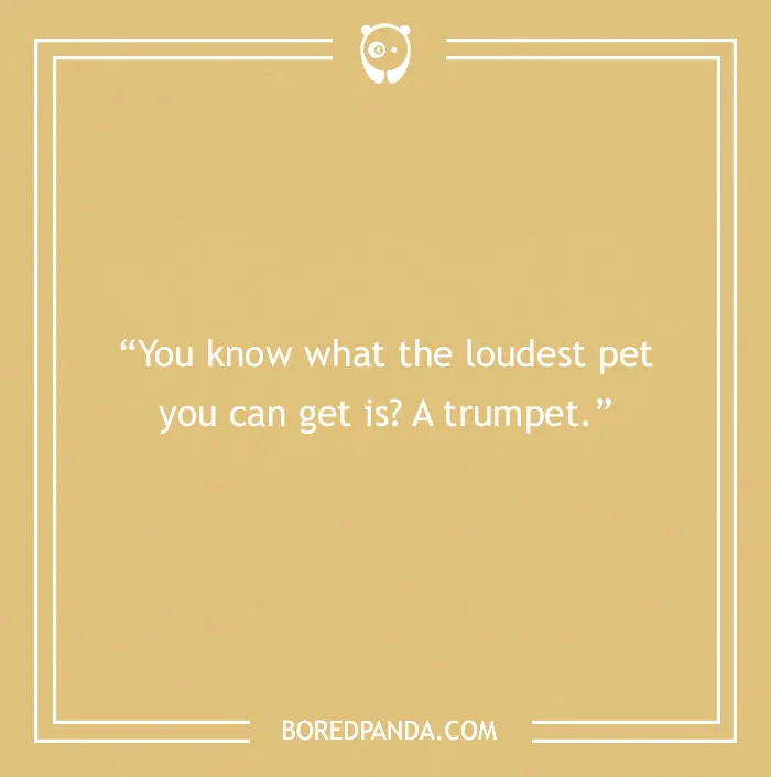 Funny dad joke about a loud pet, featuring a trumpet pun on a yellow background.