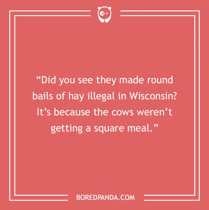 Funny dad joke about hay bails and square meals on a pink background.