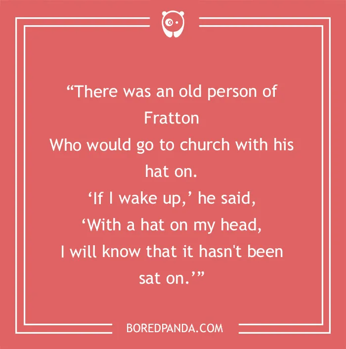 Text of a funny limerick about an old person from Fratton and his hat, on a red background.