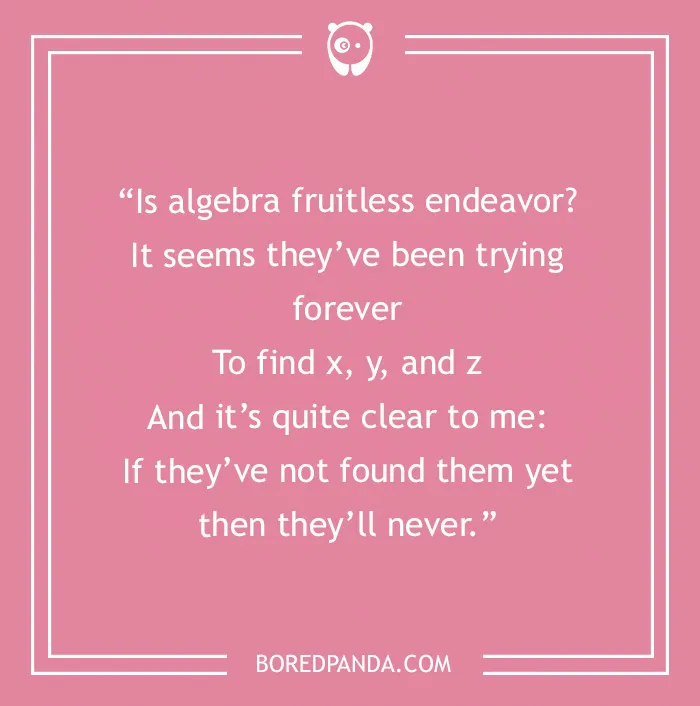Pink background with a funny limerick about algebra, featuring text on finding x, y, and z.