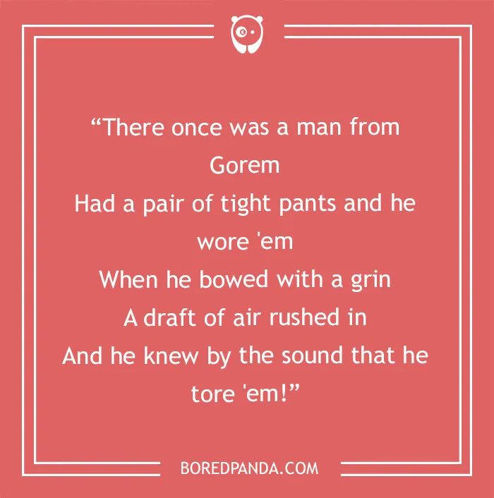 Funny limerick about a man's pants tearing when he bows, set against a red background with white text.