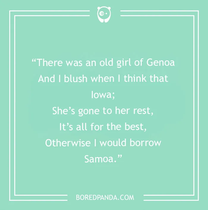 "Funny limerick about a girl from Genoa on a light green background with BoredPanda.com logo."