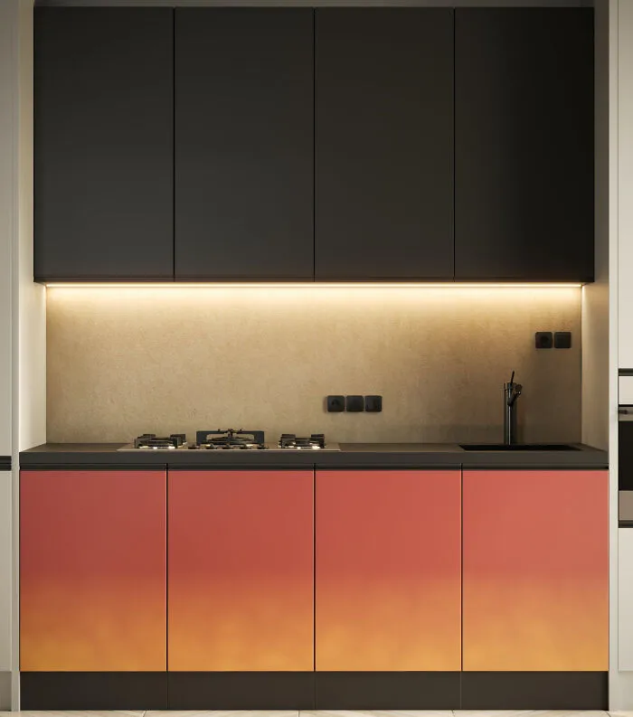 Modern kitchen cabinets featuring a gradient color design with black upper cabinets and warm under-cabinet lighting.