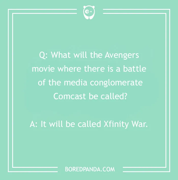 Text-based Marvel joke about an Avengers movie titled "Xfinity War."