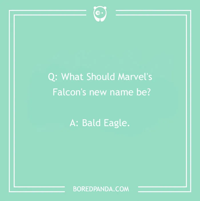 Marvel joke about Falcon's new name, Bald Eagle, on a green background.