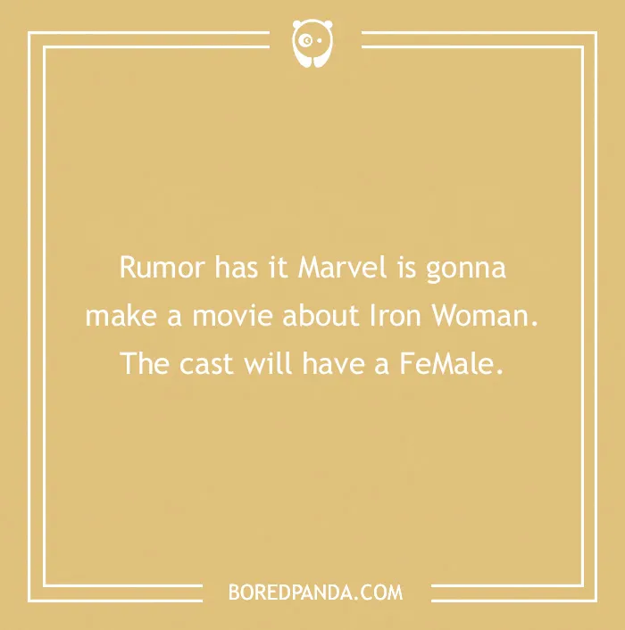 Text on a beige background reads a Marvel joke about Iron Woman with a humorous twist.