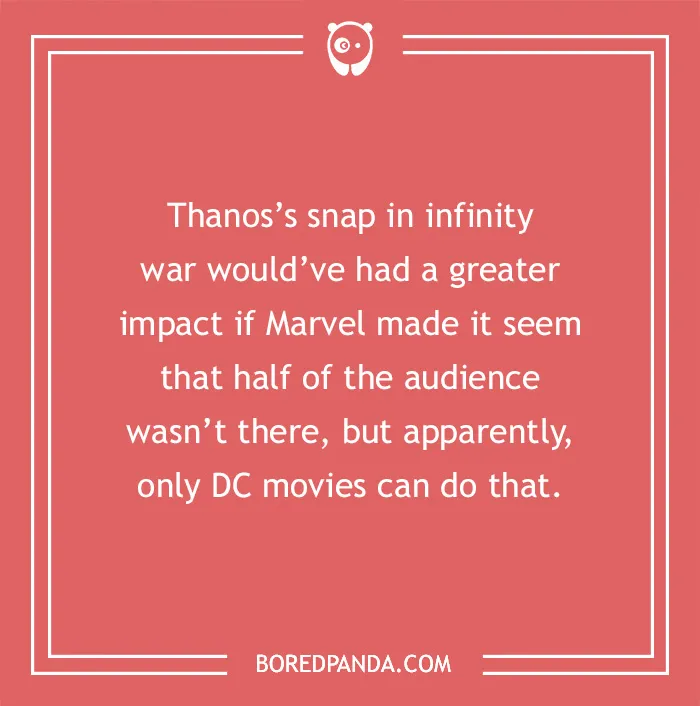 Marvel joke poking fun at Thanos’s snap and DC movies, set on a red background.