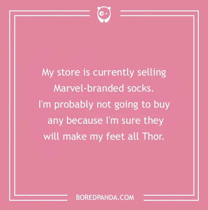 Pink background with a Marvel joke about socks and Thor, featuring text from BoredPanda.com.