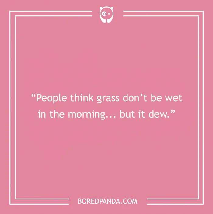 Morning joke text on pink background: "People think grass don’t be wet in the morning… but it dew."