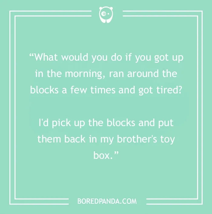 Morning joke about running around blocks and putting them back in a toy box on a teal background.