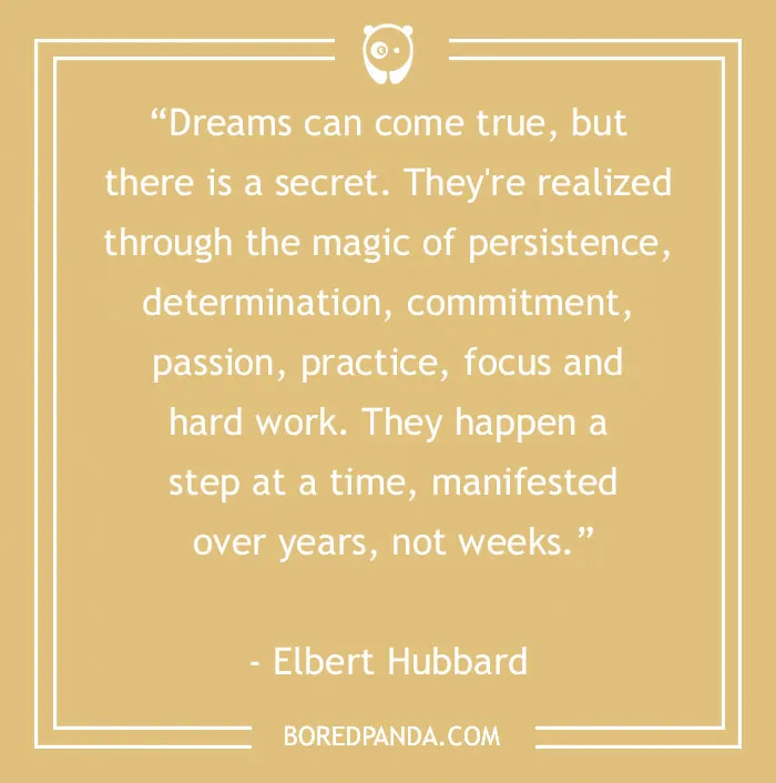 Motivational quote about persistence and hard work by Elbert Hubbard on a beige background.