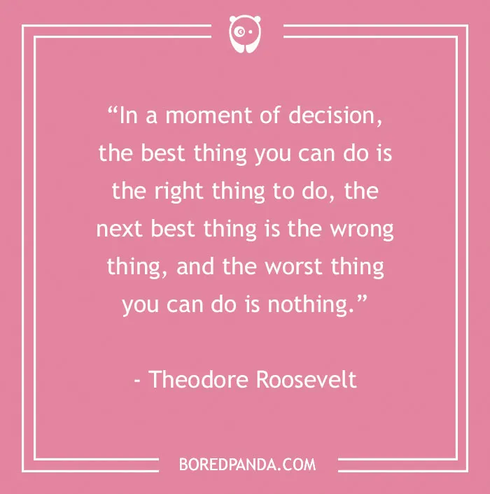 Text on a pink background with a motivational quote by Theodore Roosevelt about decision-making. 