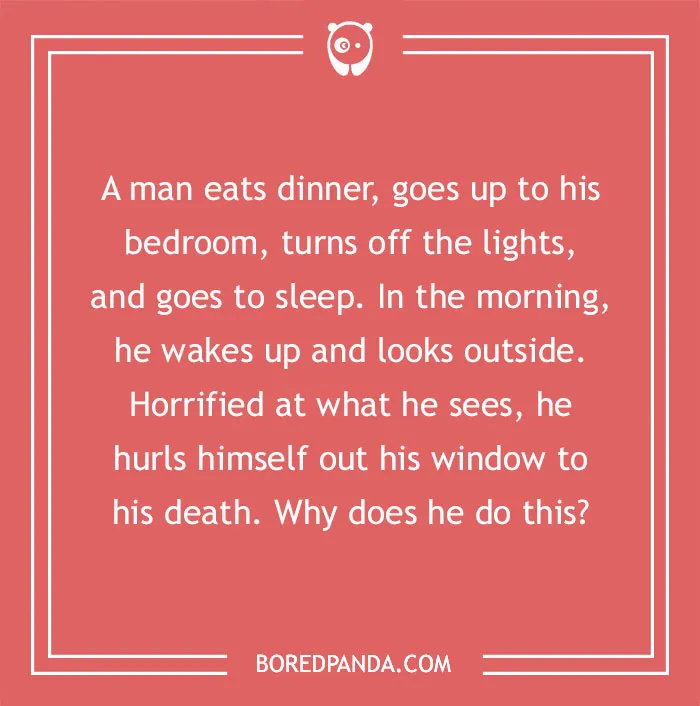 Red text image with a murder mystery riddle about a man's horrifying morning discovery before his death.