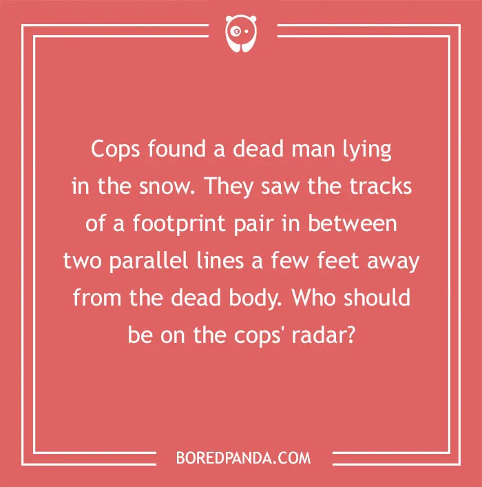Text-based murder mystery riddle on a red background for testing deduction skills.