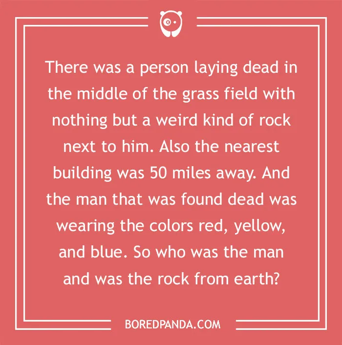 Text-based murder mystery riddle about a dead man in a field with a mysterious rock.