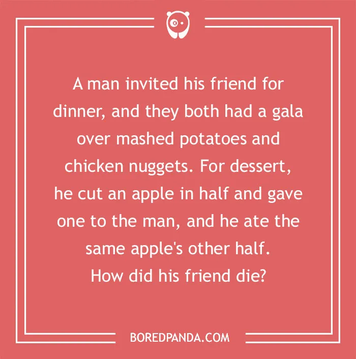 Murder mystery riddle image with a question about how a dinner guest died after sharing an apple.