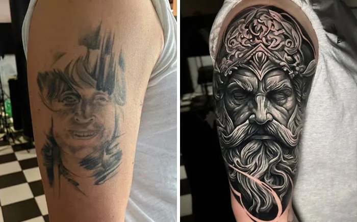 Tattoo upgrade showing before and after; a faded face transformed into a detailed warrior design on an arm.