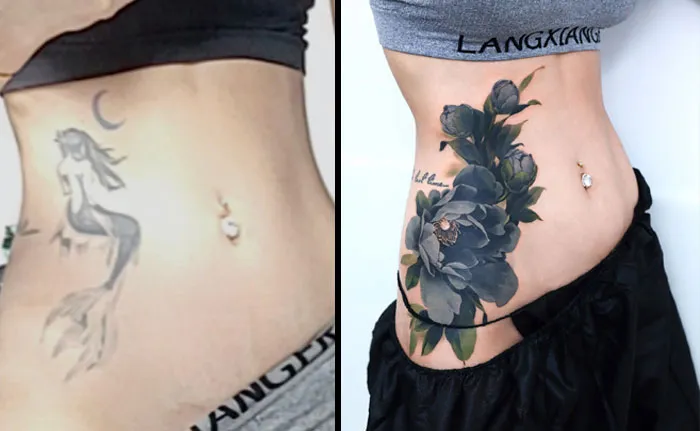 Tattoo regrets transformed: faded mermaid into vibrant floral design on side torso.