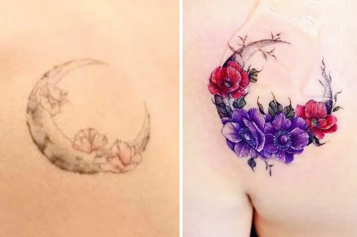 Tattoo upgrade: faded moon with flowers transformed into vibrant floral crescent.