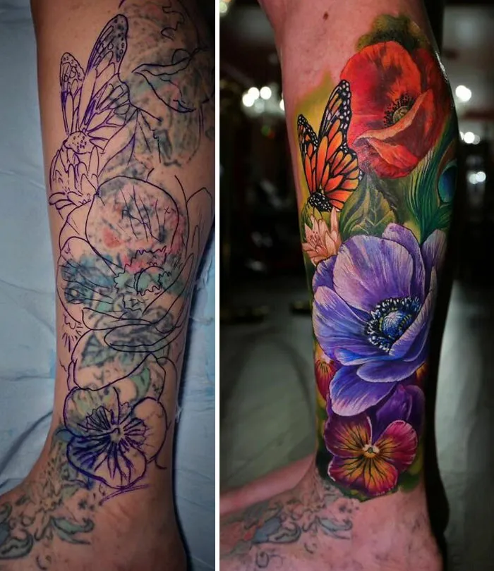 Tattoo regrets transformed with vibrant colored flowers and butterfly upgrade.