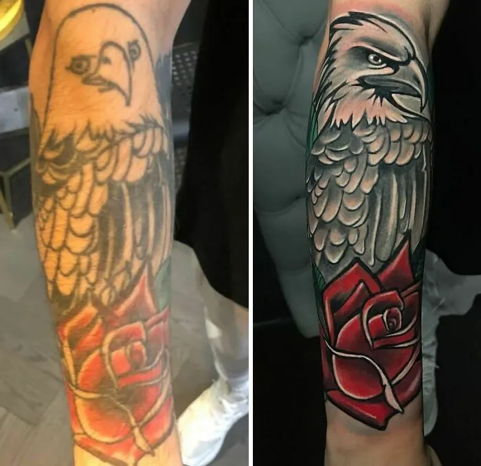 Tattoo regret transformed; before and after shows an upgraded eagle and rose design on forearm.