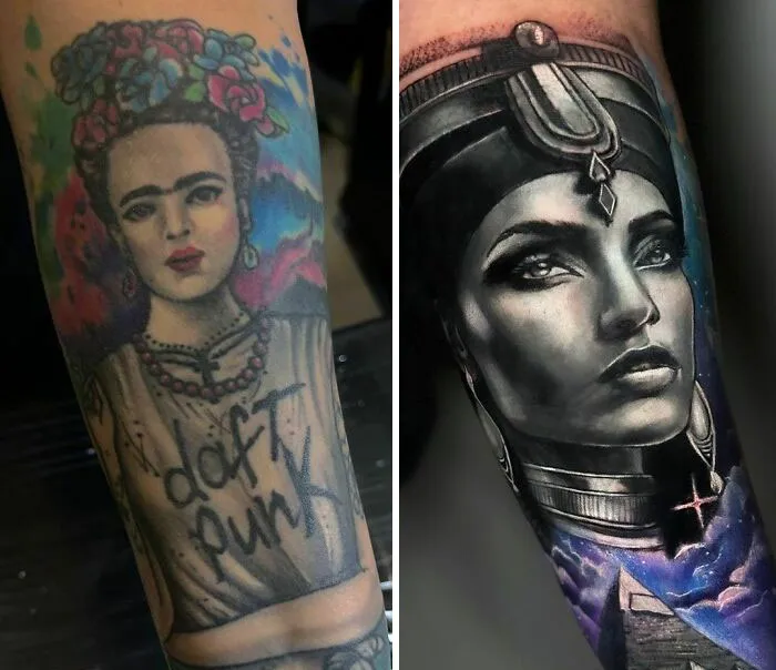 Tattoo regrets transformed into a vibrant portrait with improved design and shading.