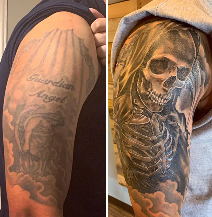 Before and after tattoo upgrade showing a redesigned skull over previous angel tattoo.