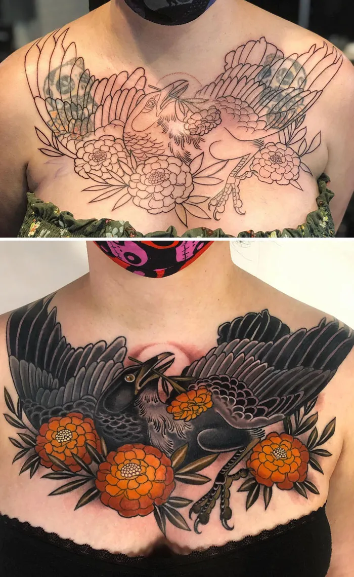 Tattoo upgrade of birds and flowers on chest, transformed from outline to vibrant color.