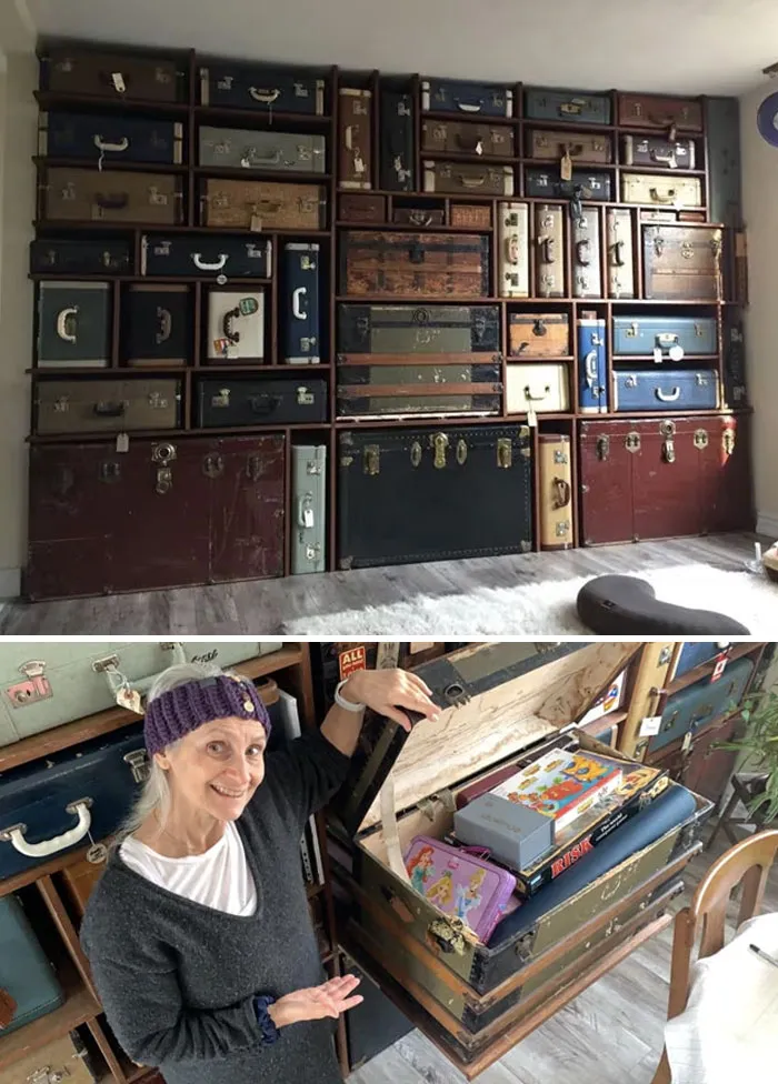Old Trunks And Suitcases On Custom Shelves Are A Cool Storage Solution