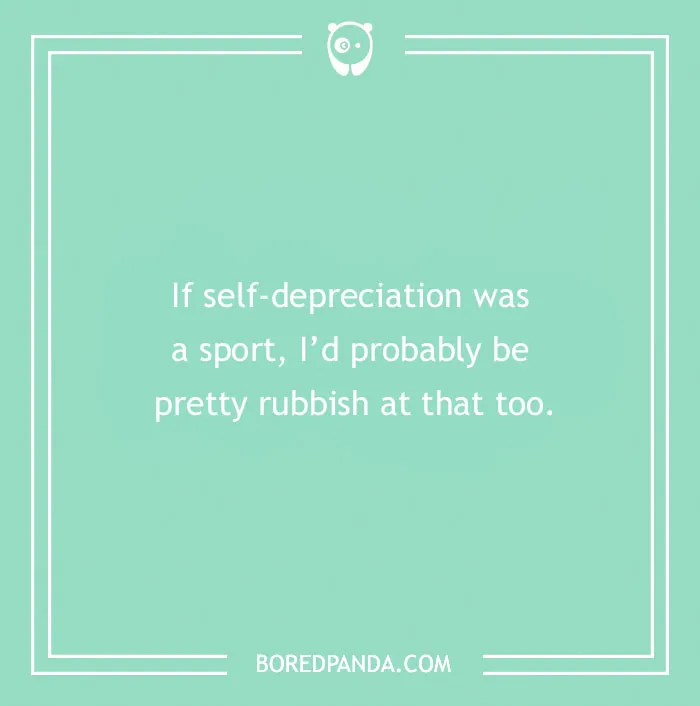 A humorous sports joke about self-deprecation on a mint green background.