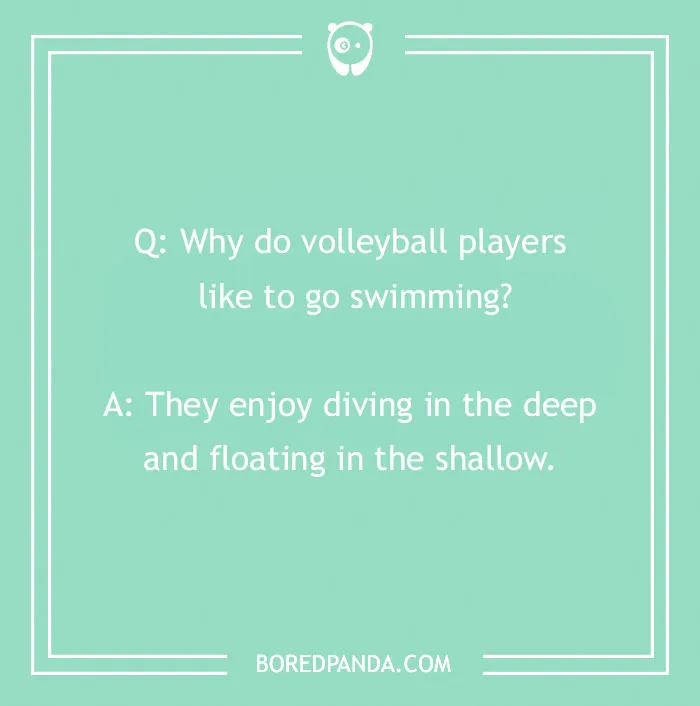 Sports joke about volleyball players and swimming on a mint green background.